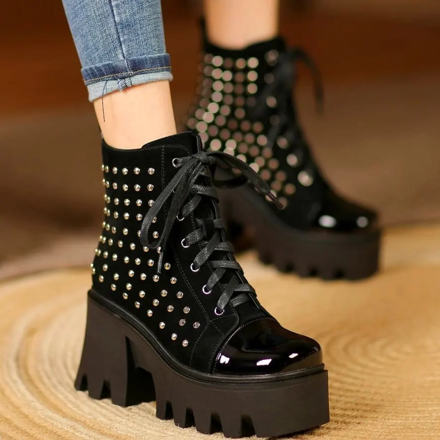 

2022 New Ankle Boots High Heels Lace Up Winter Military Motorcycle Punk Women's PU SHOES Round Toe Platform