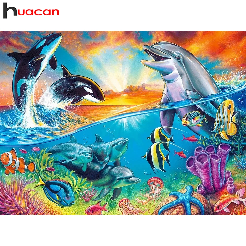 

Huacan Diamond Art Painting Dolphin Sea Scenery Full Square/round Embroidery Animal Sunset Mosaic Sale Home Decor