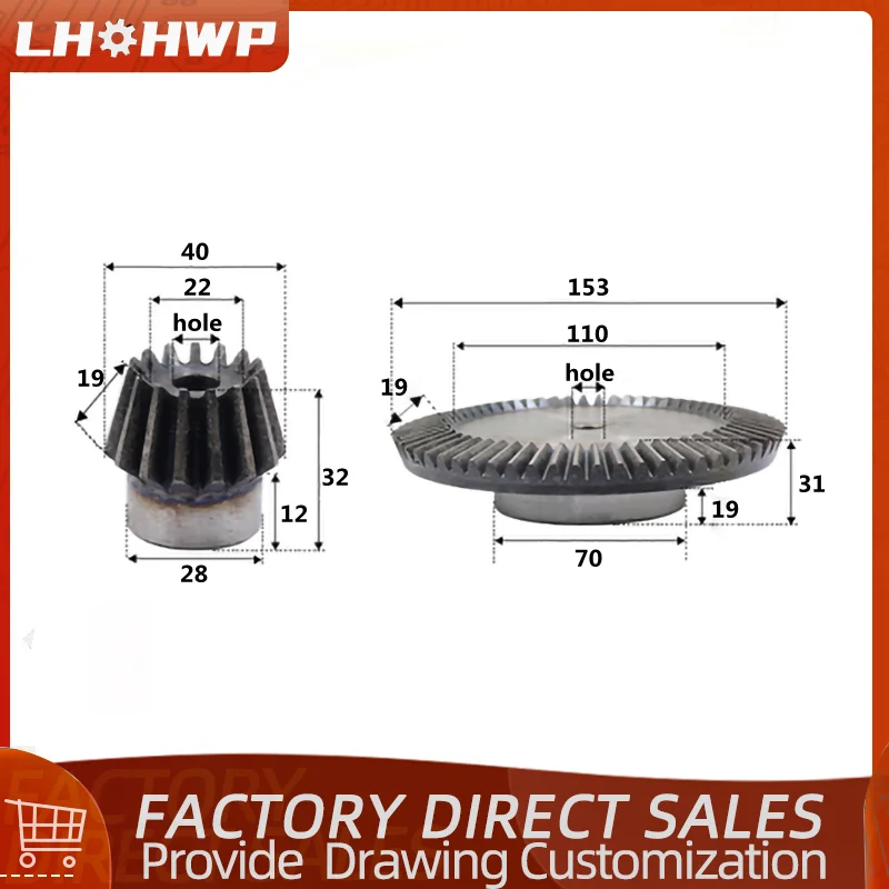 

1 pair of 90-degree transmission bevel gears 2.5M15 teeth + 60 teeth process hole 10mm and 12mm precision bevel gear ratio 1:4