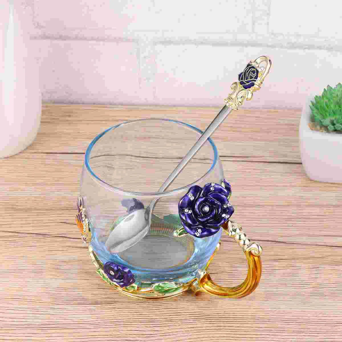 

Rose Color Enamel Water Glass Flower Tea Cup Rose Coffee Mug with Handle and Spoon (Blue)