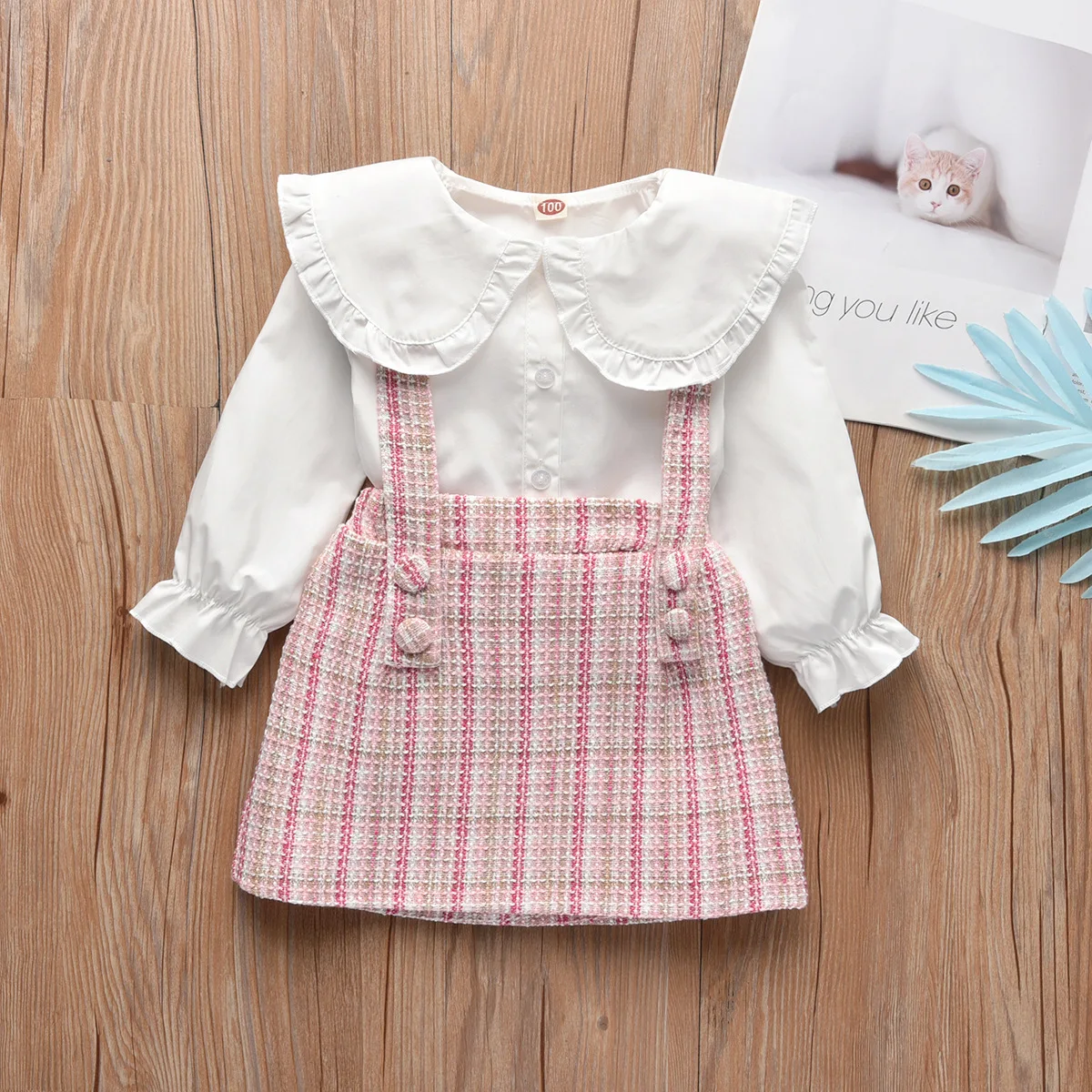 

Spring Autumn Kids Clothes Suits Cotton White Shirt+lattice Suspender Skirt Two Pieces Princess Girls Overall 2-7T Baby Outfits