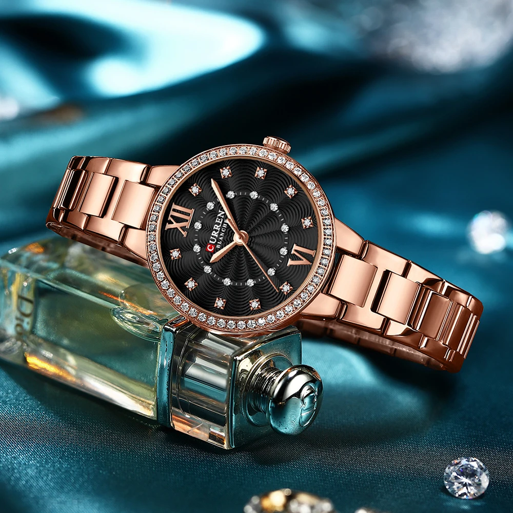 CURREN Luxury Watches For Women Stainless Steel Band Clock Female Rhinestone Dial Slim Wristwatches Ladies With 5 Piece Gift Set