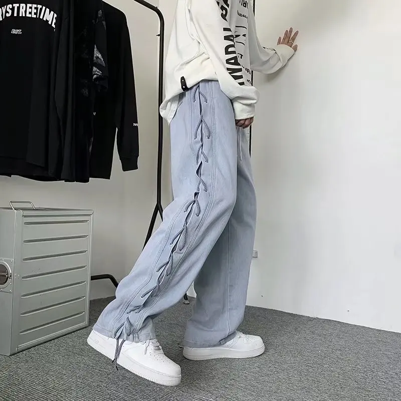 Cross-strap Pants Men's Spring and Autumn High Street Ins Tide Brand Ruffian Handsome Overalls Fried Street Denim Trousers