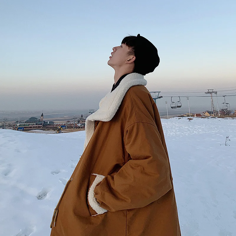 Winter Thicken Long Coat Men Warm Fashion Oversize Lamb Wool Jacket Men Korean Loose Thick Long Jacket Mens Overcoat M-2XL