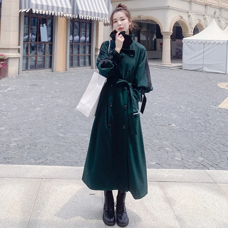 

Women's Trench Coat 2022 Spring Autumn New Stitching Contrast Color Long Style Double-Breasted Lace-Up Windbreaker Jacket 2N