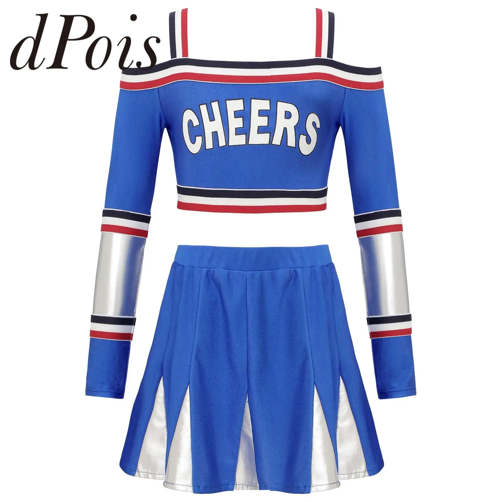 

Kids Girls Schoolgirls Cheerleader Uniforms Off Shoulder Cheer Dance Clothes Set for Cheerleading Costume Performance Clothing