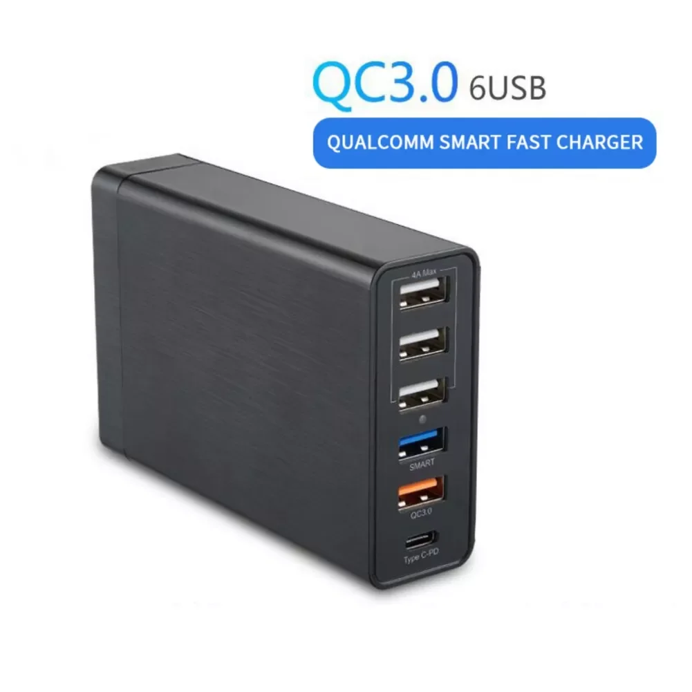 

55W 6Port PD+QC3.0 USB Fast Charger LED Display Desktop Mobile Phone Charger Smart Fast Charger for IOS Android Phone Tablet PC