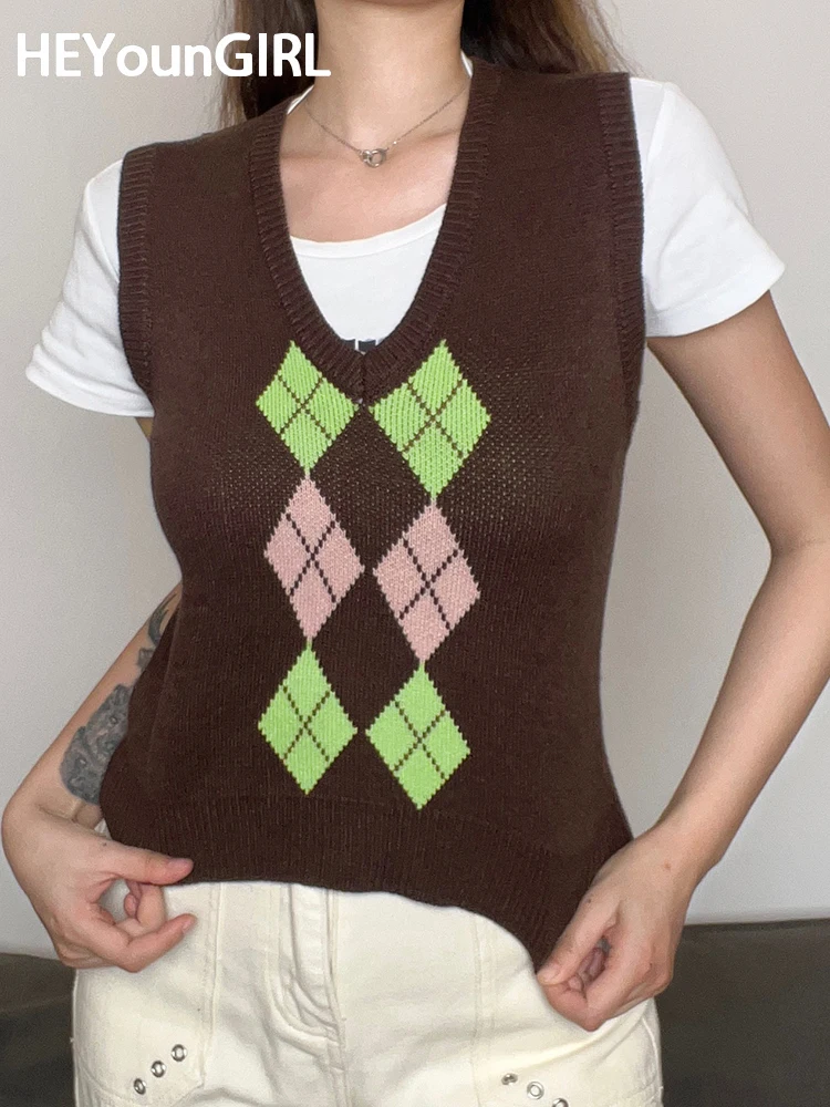 

Женский трикотажный жилет без рукавов HEYounGIRL, коричневый Повседневный свитер с рисунком ромбиками и V-образным вырезом в стиле преппи для де...