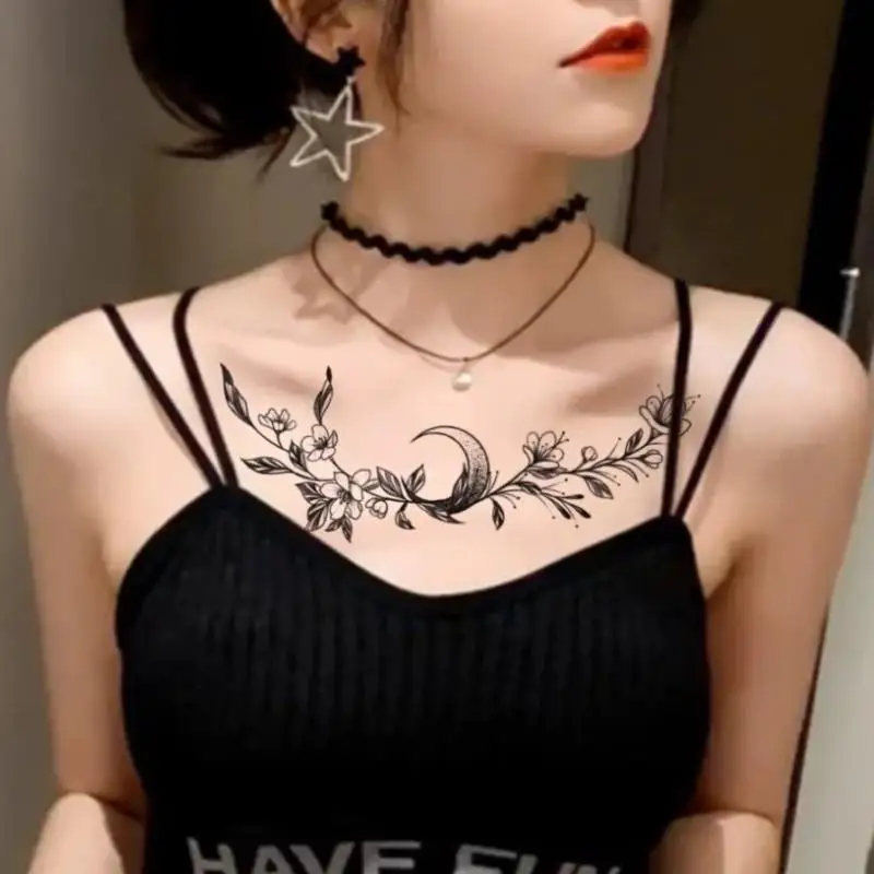 

Sexy Dark Moon Flower Stripes Chest Tattoo Stickers For Women Dark Moon Waterproof Temporary Tattoos Y2K Fake Tattoos Tatto Art