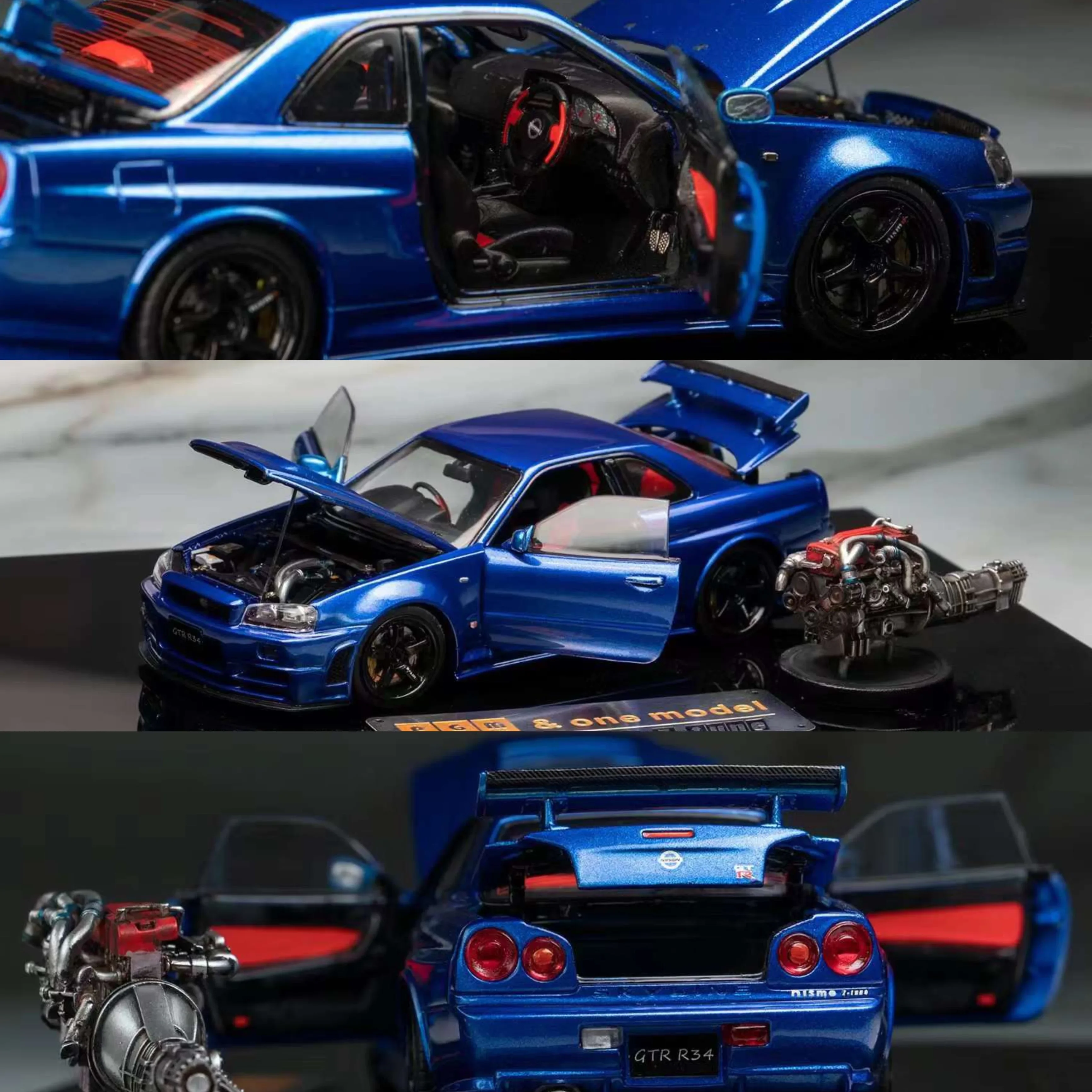 Фото Лимитированная серия PGM 1:43 GTR R34 Z-TUNE, литая под давлением модель с синим двигателем, имитационная модель из сплава, украшение для взрослых, игрушка для мальчиков, детский подарок. №3
