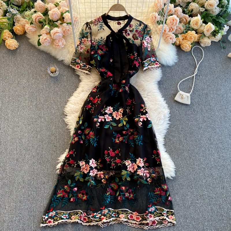 Fitaylor Summer New Arrival Women Vintage Mesh Floral Embroidery Maxi Dress Ladies Retro Bow A-line Slim Party Plus Size | Женская