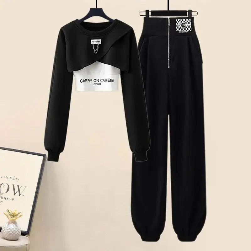 

Women's Autumn Chic Matching Set Korean Elegant Short Sweater+Tank Top+Sport Pants Three Piece Female Casual Tracksuit Suit