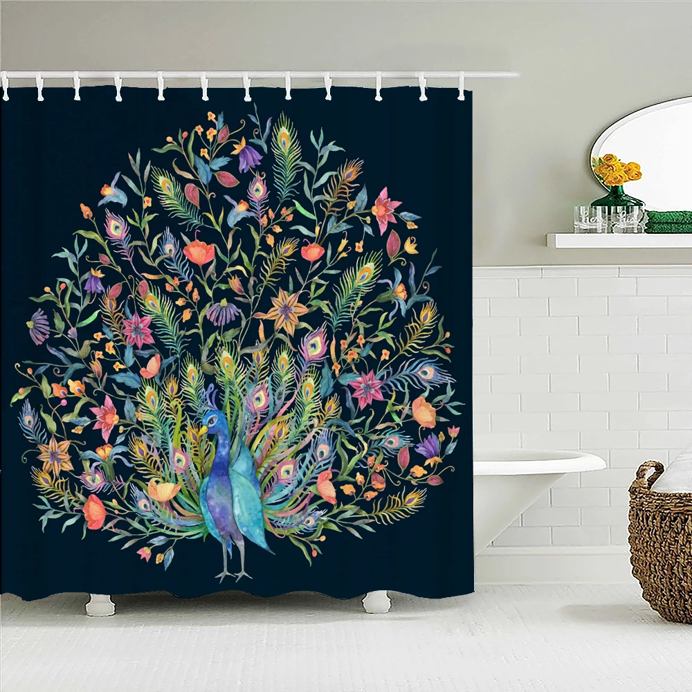 

Colorful Flower Birds Peacocks Printing Shower Curtains Bath Curtain Waterproof Fabric 180X180cm Bathroom Decorate with Hooks