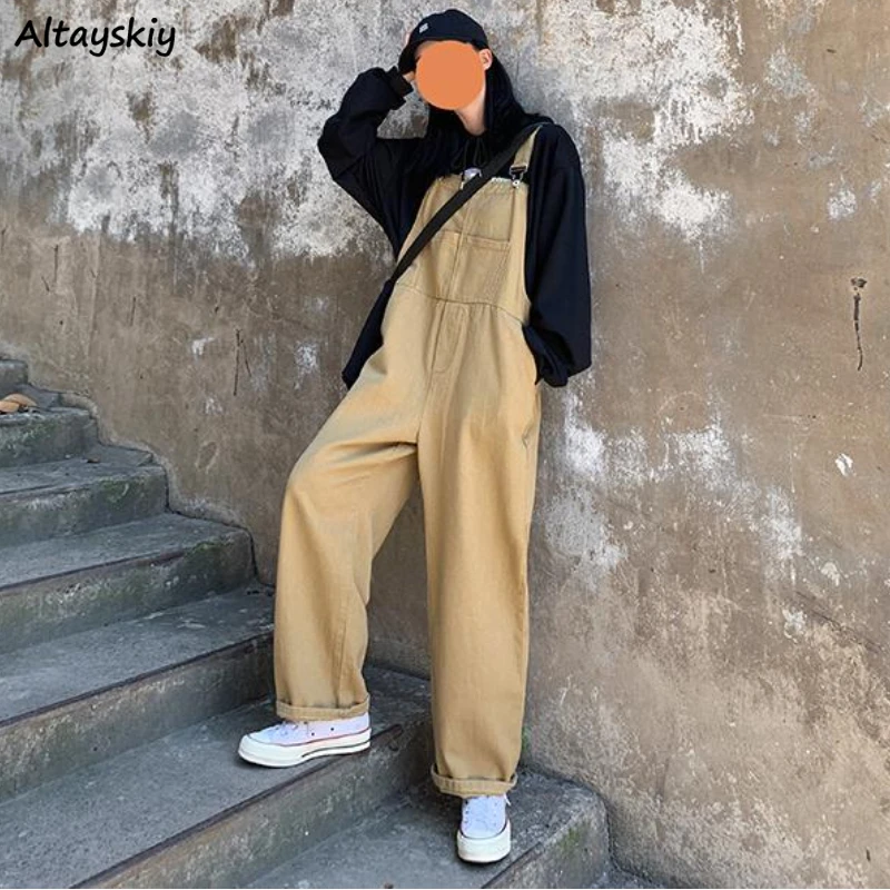 

Jumpsuits Women Korean Style Wide Leg High Waist Solid Crimping Student Pocket Vintage Solid Simple All-match Streetwear Cloth