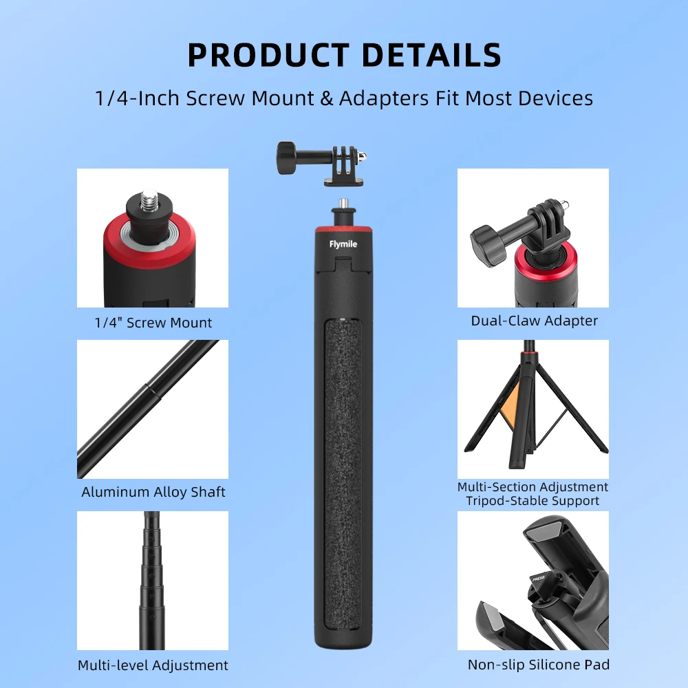 Выдвижной штатив Flymile для селфи-палки для DJI Action 65 Pro43Osmo 360Pocket 3Insta 360 X5 X4GoPro 13, аксессуары для камеры (art.: 3920d07dd537d) - 3920d07dd537d