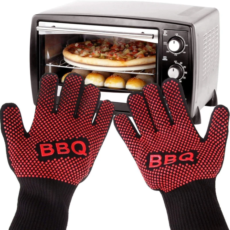 

1 Pairs Oven Mitts Gloves High Temperature Resistance Baking Tools Kitchen Bakeware Silicone Cotton BBQ Gloves