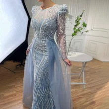 Serene Hill Muslim Blue Mermaid Over Skirt Evening Prom Dresses Beaded Formal Party Gowns 2023 For Women DLA72030 