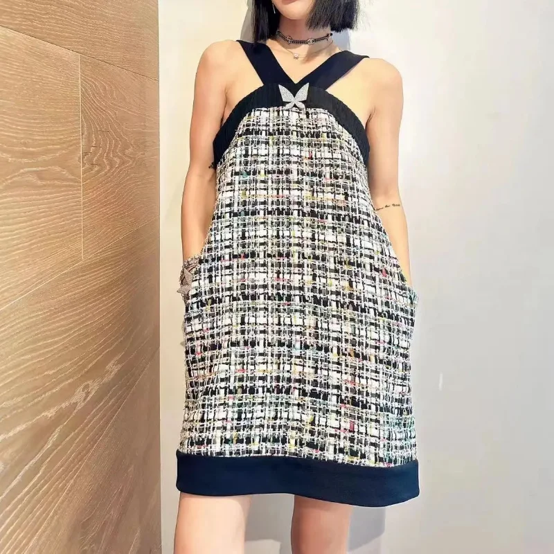 

Женское летнее твидовое платье с бантом, Привлекательное платье на бретельках, клетчатое корейское платье с открытой спиной в стиле ретро, деловые платья без рукавов