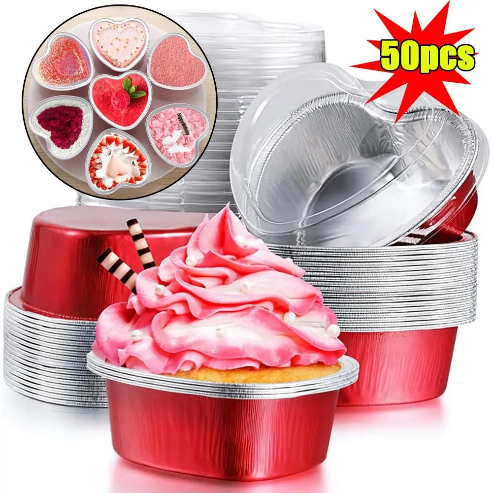 

50 Pcs 55ml Tin Foil Aluminum Foil Pudding Cup With Lid Heart-shaped Disposable Mini Mousse Cupcake Containers Baking Mould