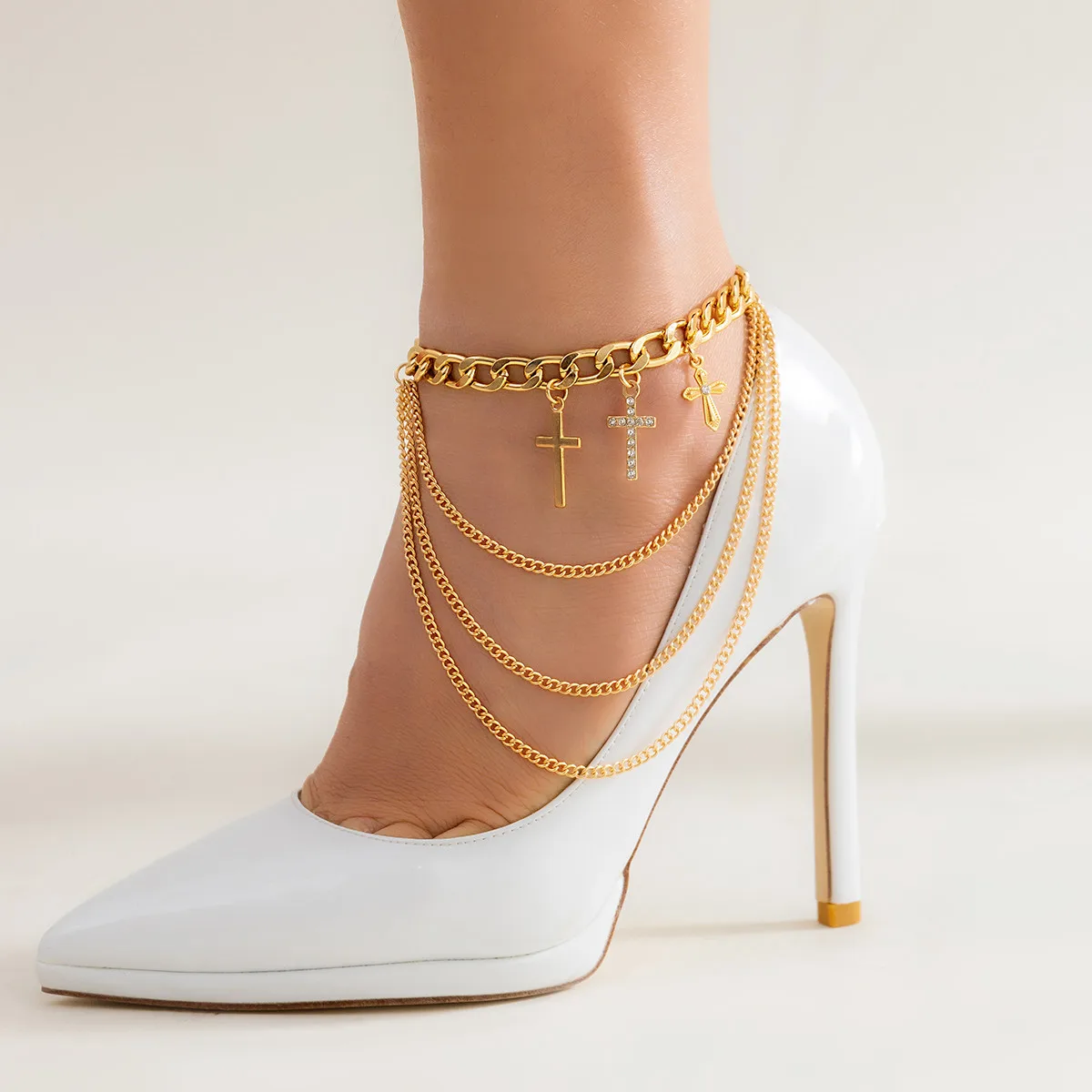 

New Punk Gold Cross Crystals Pendant Charm Women High Heels Anklets Foot Leg Chains Summer Jewelry