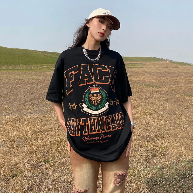 

Pure Cotton American Retro Alphabet Print Short sleeved T-shirt Men and Women Summer Tide Brand Ins Loose Large Size Couple Tops