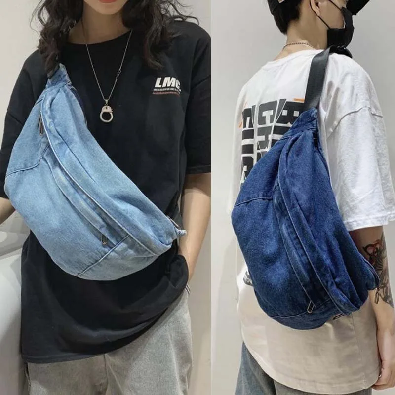 

New Denim Large Women Fanny Pack Trending Unisex Men Waist Bags Fashion Big Women's Belt Bag Multi Function Casual Chest Bag