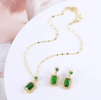 green sparkling geometric square rhinestones luxurious temperament women necklace elegant earring vintage jewelry set
