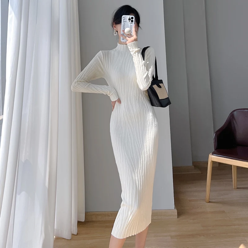 

Solid Pit Striped Knitted Bodycon Dress for Women Elegant Half High Collar Casual Long Sleeve Dress 2023 Female Streetwear Robes