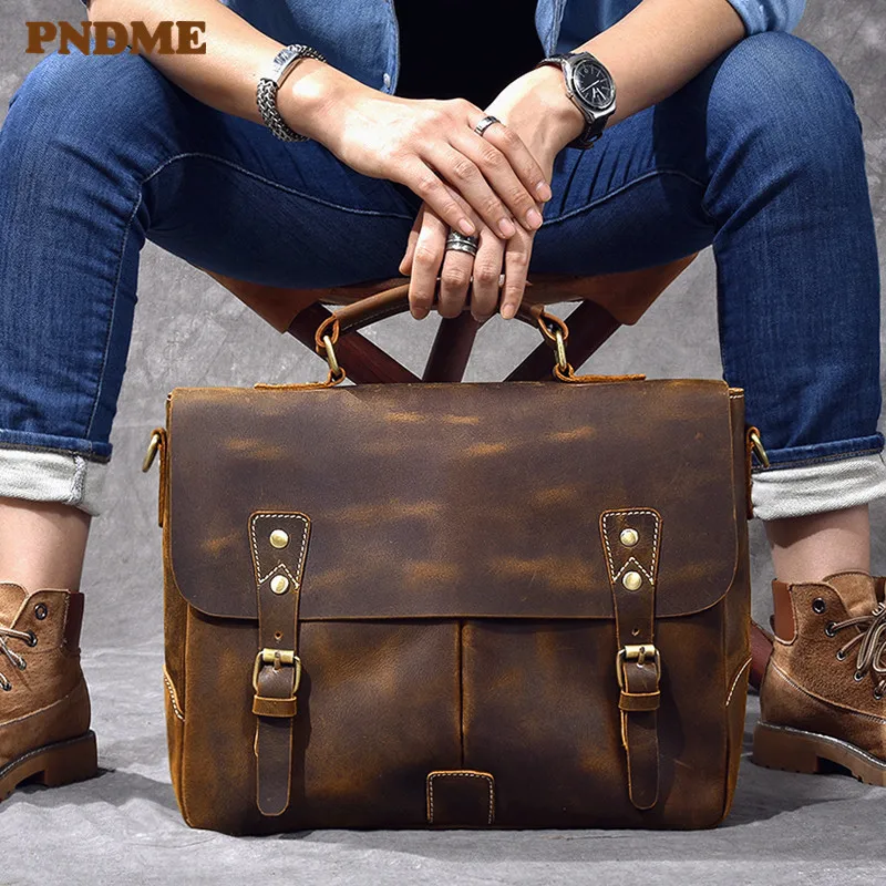Business vintage crazy horse cowhide men's briefcase luxury genuine leather handbag lawyer office laptop shoulder messenger bag