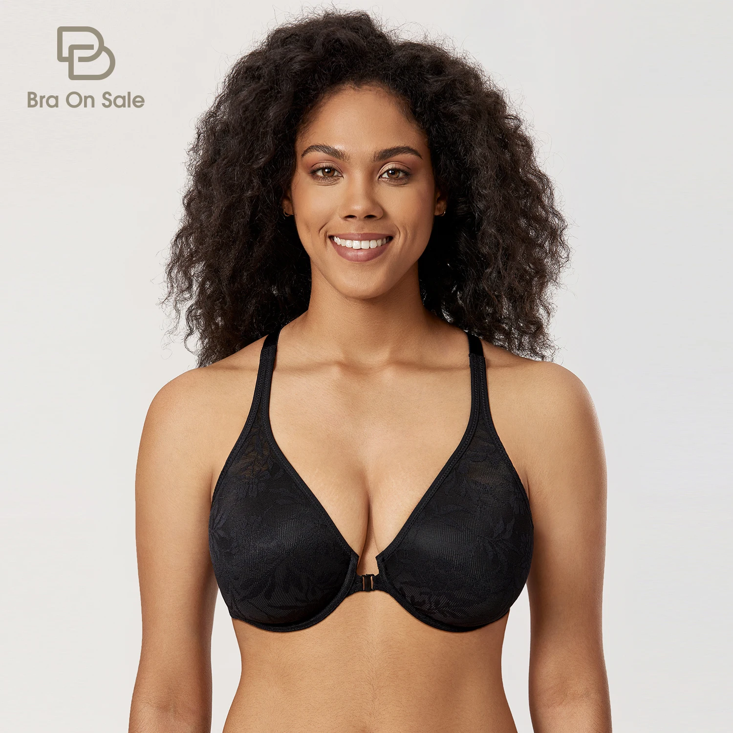 Women's Front Closure Bra Racerback Plus Size Plunge V Neck Unlined Underwire Floral Lace Bras Full Coverage