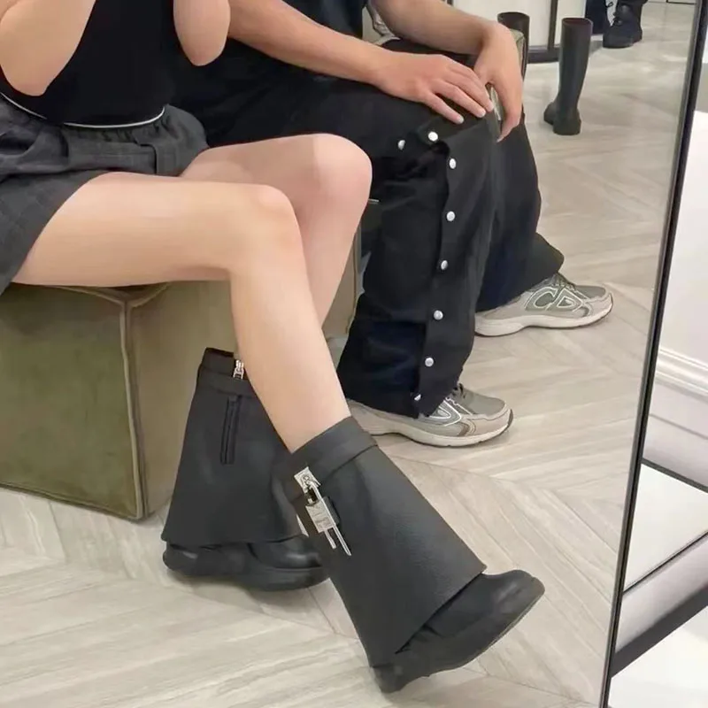 GCYFWJ Shark Lock Women Mid-Calf Boots Woman Genuine Leather Wedge Platform Round Toe Botas Mujer 2022 Metal Decoration Boots