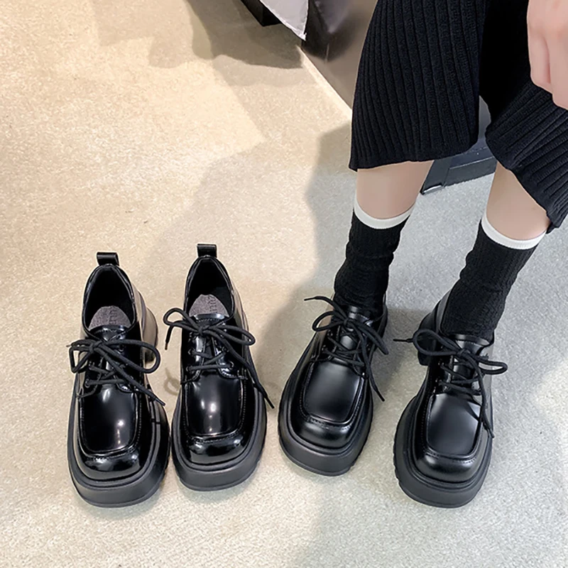 Fashion Design Platform Shoes Women Black Chunky High Heel Lace Up Casual Shoes Spring Autumn British Style Loafers Shoes Woman