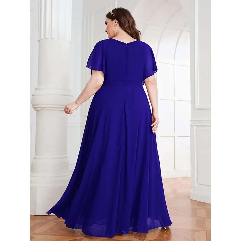 Plus Size Women Summer Chiffon Round Neck Luxury Dress 4XL5XL Fashion Rose Red Slim Lotus Leaf Hem Plus Size Evening Dresses