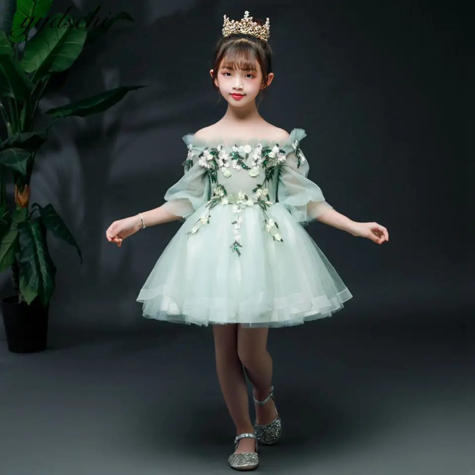 Зеленые тюлевые аппликации мини-платья с цветочным узором для девочек на свадьбу