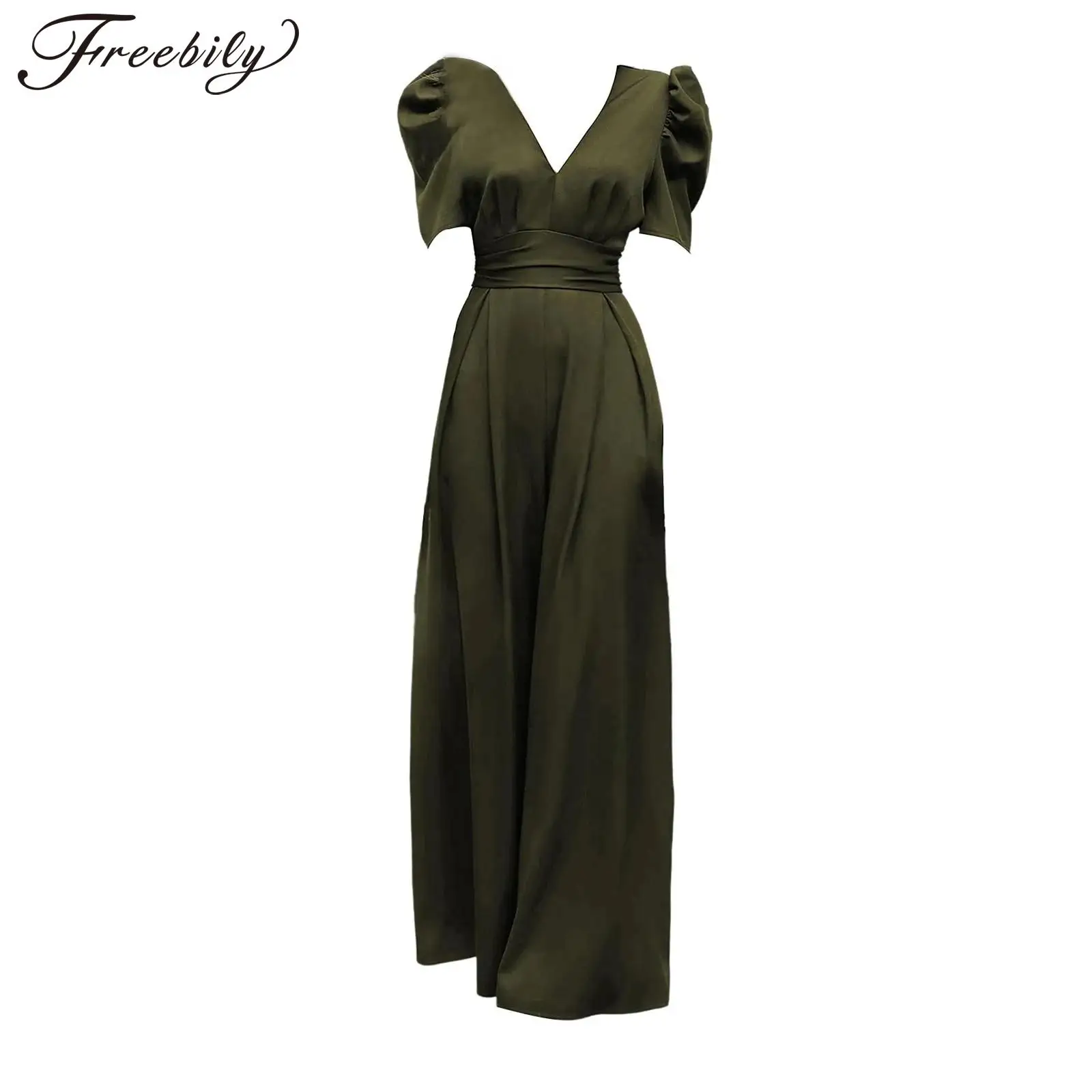 Женский однотонный комбинезон с V-образным вырезом рукавами-фонариками и рюшами