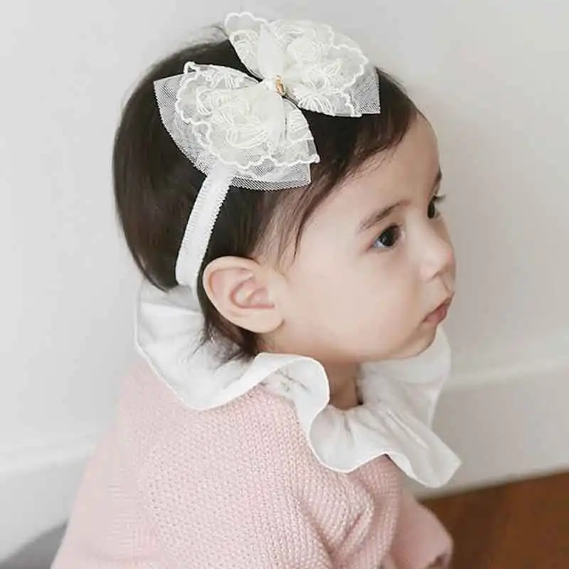 Withe Lace Crystal Bow Flower Baby Headbands for Baby Hair Accessories Children Elastic Infants Hair Bands Kids Knot Hair Bow
