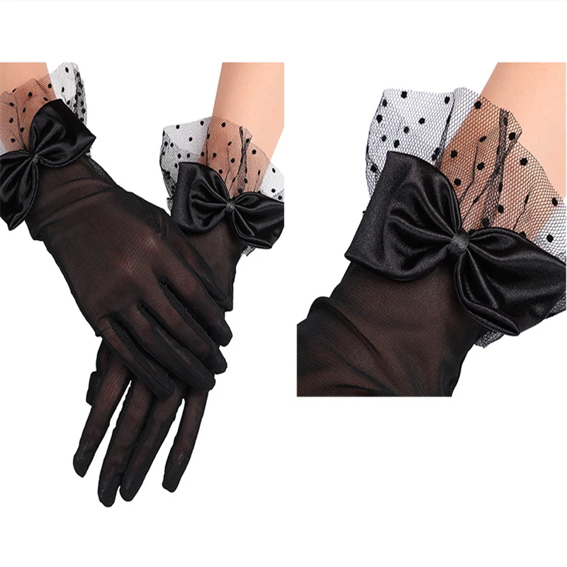 

Women's Summer Thin Short Mesh Elastic Etiquette Dress Gloves Elegant Bow Lace Bow UV Sunscreen Cycling Driving Mittens