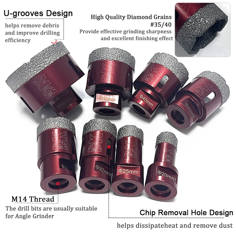 Набор алмазных сверл комплект из 8 корончатых сверел 20 + 25 32 35 40 45 50 68 мм с резьбой M14