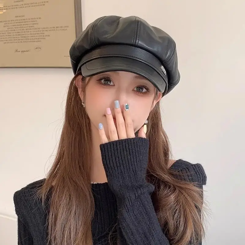 Флагманская черная восьмиугольная кепка из искусственной кожи с