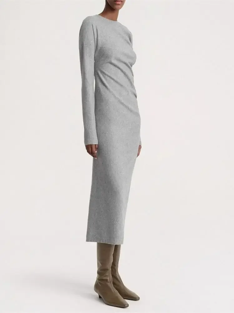 

Women's Midi Robes 2023 New Pleated High Waist Back Slit Solid Color Temperament Long Sleeve Dress