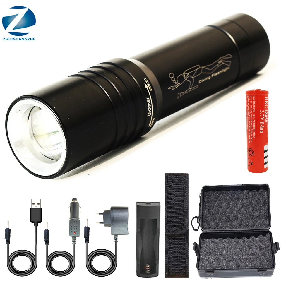 

Светодиодный фонарик для дайвинга XM-L T6, масштабируемый водонепроницаемый фонарик, Лампа 18650, аккумуляторный фонарик, лампы для плавания под...