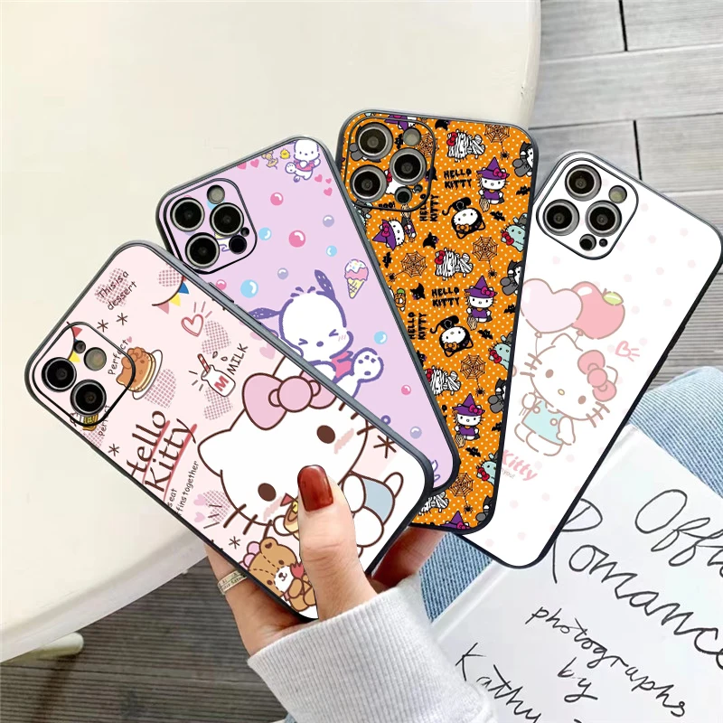 

Cartoon Hello Kitty Phone Case For Funda iPhone 11 12 13 Pro Max Mini X XR XS SE 2020 5 6 7 8 Plus Black Coque Silicone Cover