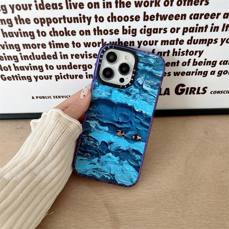 

For iPhone 14Promax 2023 New Ins Net Red Art Oil Painting Blue Ocean Phone Hard Case 14Pro 13Promax 12 11