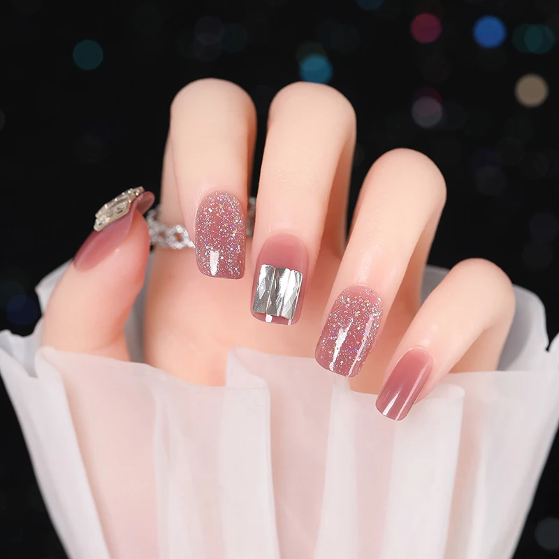 

24PCS Full Diamond Unhas Decoradas Postiças Patch Shiny Sweet Style Removable Long Paragraph Manicure Glue Type False Patch