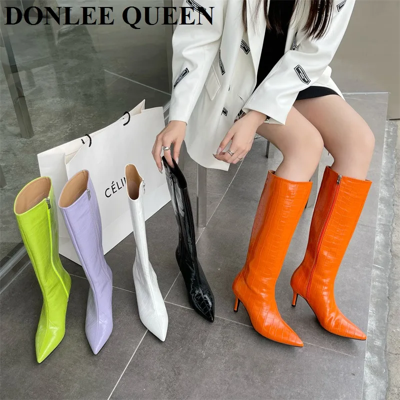 

Женские высокие сапоги до колена, привлекательные сапоги с узором под крокодиловую кожу, на тонком высоком каблуке, с острым носком, на молн...