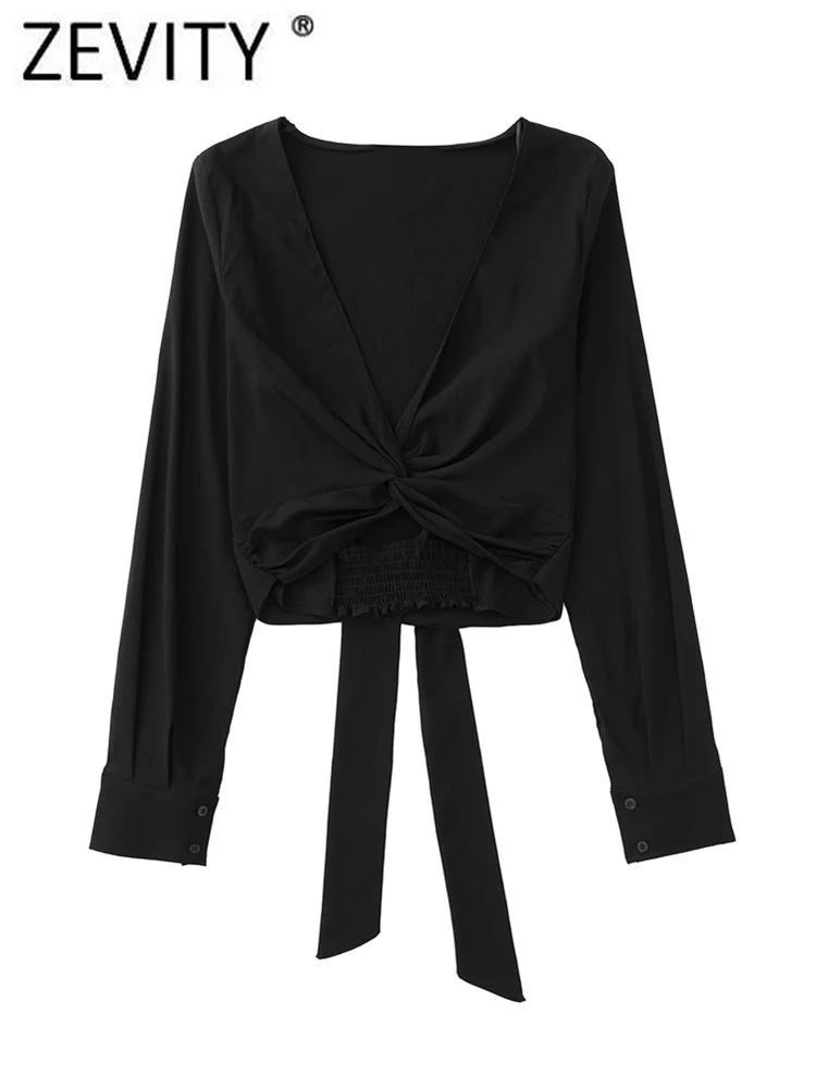 

Zevity Women Fashion V Neck Knotted Black Short Shirt Office Lady Hem Elastic Lace Up Kimono Blouse Chic Crop Blusas Tops LS676