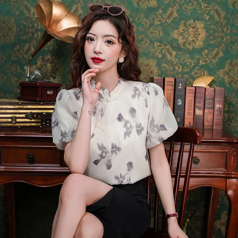 Женская рубашка с водяным знаком в китайском стиле и воротником-стойкой коротким