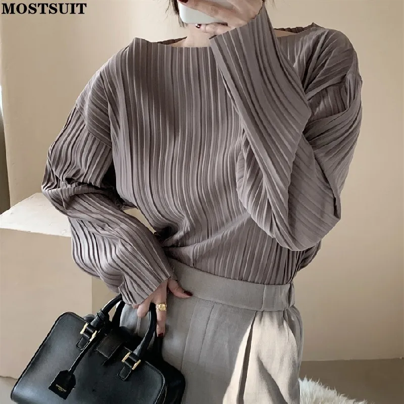 

Korean Elegant Folded Women Blouses 2022 Spring Autumn Full Sleeve O-neck Chic Tops Workwear Solid Fashion Ladies Blusas Mujer