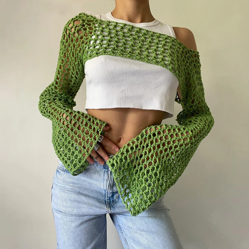 

2023 Summer Long Sleeve Smock Knitted Crop Top Women Y2k Beach Sexy Backless Hollow Out T Shirts Party Casual Tops