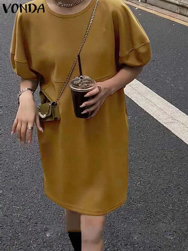 

2023 VONDA летнее женское сексуальное мини-платье, элегантный Однотонный сарафан с коротким рукавом, повседневный свободный трапециевидный пляжный женский халат
